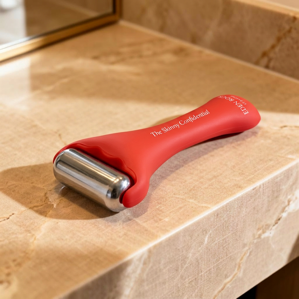 Limited-edition Eden Rock red Skinny Confidential Ice Roller on a marble vanity